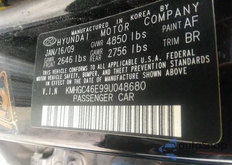 2009 Hyundai Genesis 3.8 from USA, damaged, VIN KMHGC46E99U048680